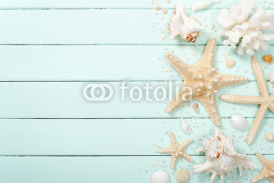 seashell and starfish on the wooden board