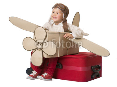 Kid Travel on Toy Airplane, Child Sitting on Vacation Suitcase, Luggage Fly as Plane, Baby playing Pilot