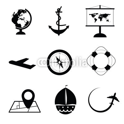 travel icon set in black and white color illustration