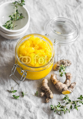 Mango turmeric sorbet on a light background. Delicious dessert