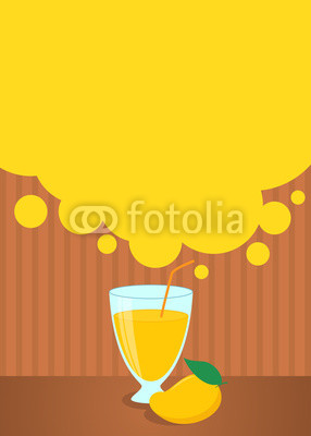 Summer drinks poster or menu template with yellow mango juice and fruit