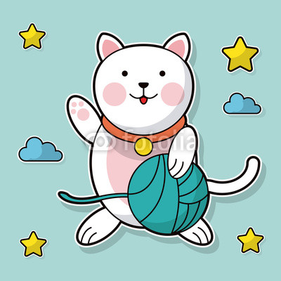 cat holding yarn ball cloud star background vector illustration