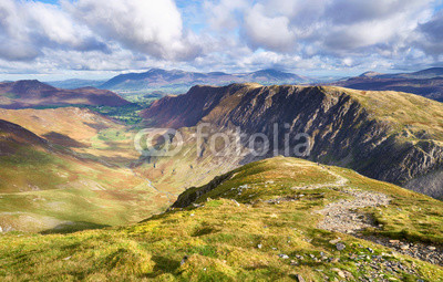 Views of Newlands Beck, High Spy, Narrow Moor and Maiden Moor in the Derwent Fells from the summit of Dale Head, Lake District, England, UK.
