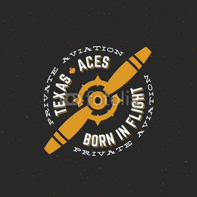 Texas Aces Airplane Vector Retro Label, Sign or Logo Template. Vintage Plane Airscrew with Circle Typography and Shabby Texture. On Dark Background