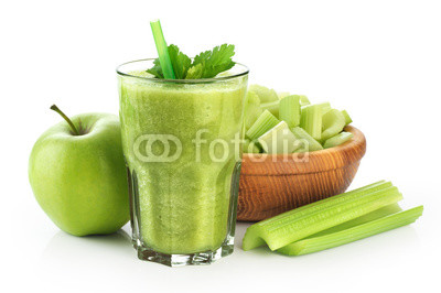 Detox smoothie with celery and apple on a white background.