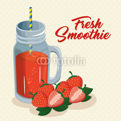 A glass of smoothie with strawberries over beige background. Vector illustration.
