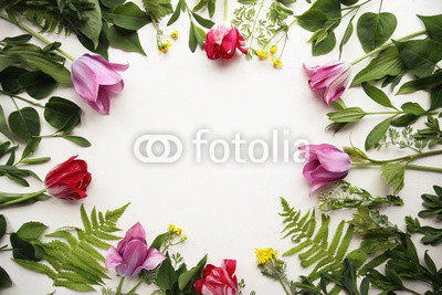 Tulips and lilacs and leaves top view