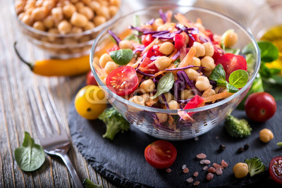 Healthy homemade chickpea and veggies salad, diet, vegetarian, vegan food