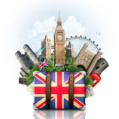England, British landmarks, travel and retro suitcase