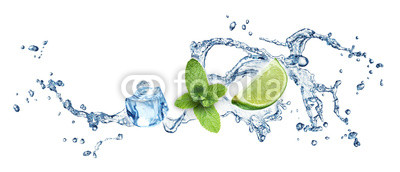 Ice cubes, mint leaves and lime on a white