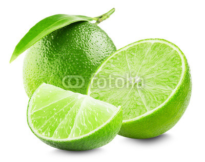 Lime with slice and leaf isolated on white background