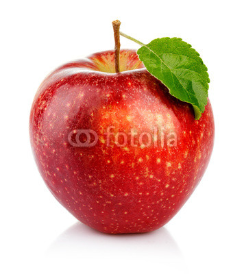Red apple with green leaf isolated on a white