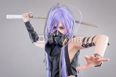 Female fantasy warrior / Female warrior with sword and gas mask isolated on the gray background