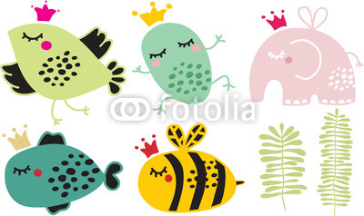 Cute animals in crown set.
