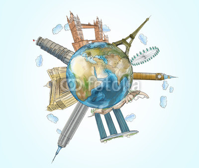 A globe with sketched famous places. The concept of travelling and sightseeing. Elements of this image furnished by NASA.