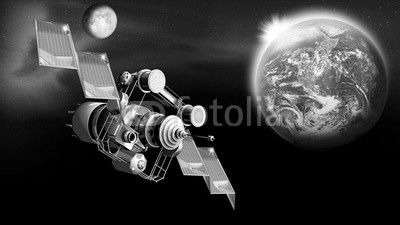 Satellit auf der Umlaufbahn im Weltall,  Erde und Mond