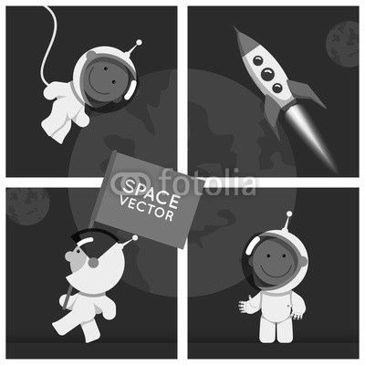 Little funny astronaut floated in space with rocket