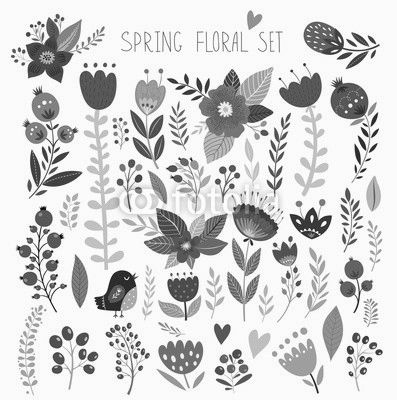 Beautiful vector collection with flowers and leaves. Spring art print with botanical elements 