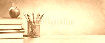 Apple On Stack Of Books With Pencils And Blank Chalkboard - Back To School
