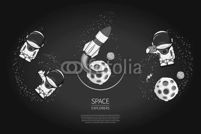Set of Modern design vector illustration with rocket Launch, astronaut, planet. universe exploration and new technology. Template for poster.