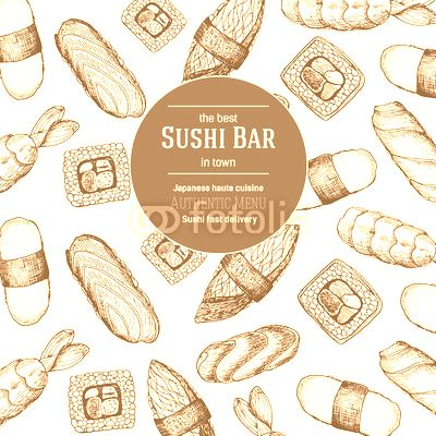 Japanese food vector illustration. Hand drawn Sushi design template. Card for restaurant menu