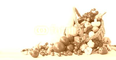 Fresh vegetables and fruits isolated on white background.