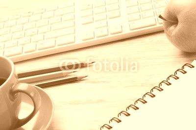 Business workplace keyboard and other stuff . Mixed media