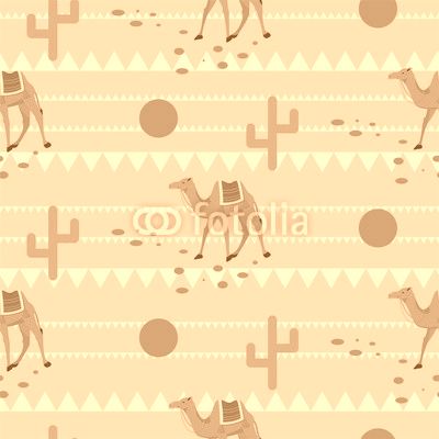 Desert camels in sands seamless pattern. Yellow ground with cactus and red sun tribal vector background.