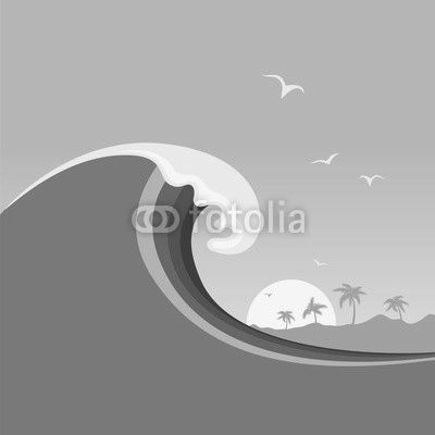 Big ocean wave and tropical island.Vector poster background