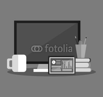 computer with  stack of books and tablet  over blue background. office workplace concept. .colorful design. vector illustration