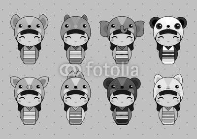 Set of cute Japanese Kokeshi Dolls in animal costumes. Kids background. Fox, owl, elephant, panda, pig, bunny, bear, cat costumes.
