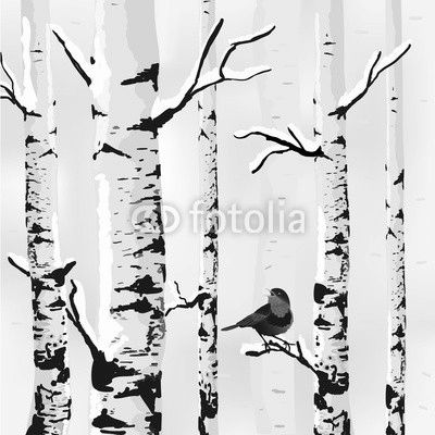 Birch in snow, winter card in vector