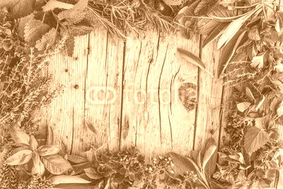 Fresh and aromatic herbs in frame on old wooden table. Space for text. 