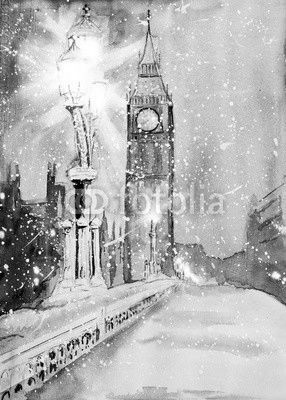 London, Westminster Abbey, Westminster Bridge at dusk. Snow. Wat
