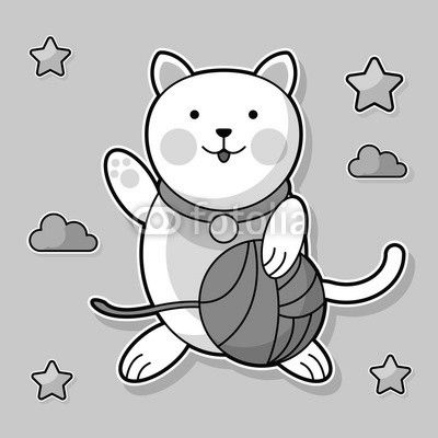 cat holding yarn ball cloud star background vector illustration