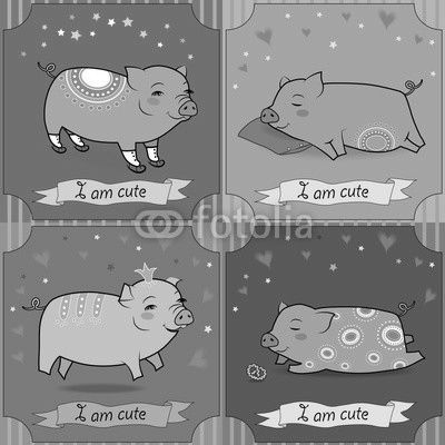 Set of cartoon pigs. Vintage greeting cards