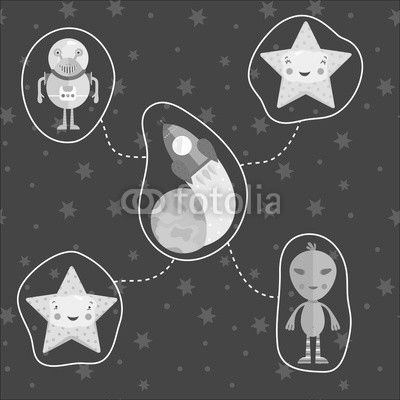 Space icons in cartoon style. Rocket flying around Earth, aliens characters, smiling cute stars vectors set isolated on starry grey background. Astronomic concept for childrens book illustrating