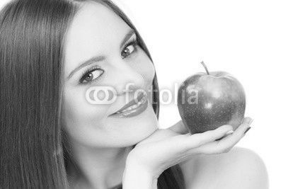 Woman charming girl colorful makeup holds apple fruit