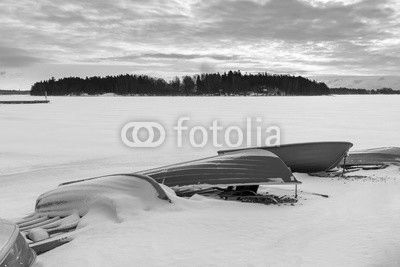 Colorful boats in harbor at winter