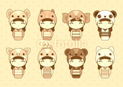 Set of cute Japanese Kokeshi Dolls in animal costumes. Kids background. Fox, owl, elephant, panda, pig, bunny, bear, cat costumes.