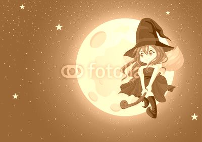 Cute cartoon witch flying with her broom during full moon