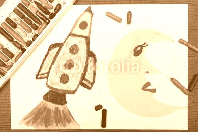 Colorful drawing: Space rocket in the cosmos