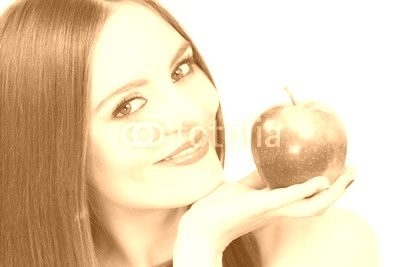 Woman charming girl colorful makeup holds apple fruit