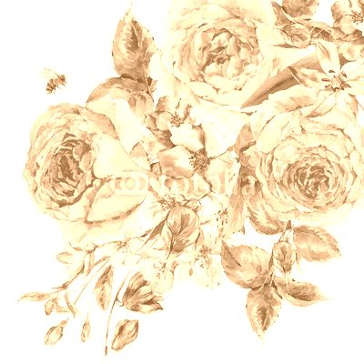 Watercolor spring bouquet with blooming cherry and english roses