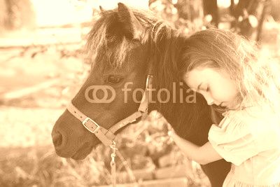 Young girl hugs a pony on a farm