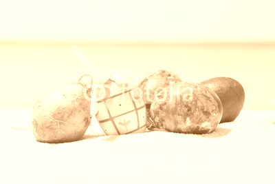 Easter on tropical beach background. Eggs on the white sand. Vacation and travel concept