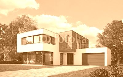 Haus Kubus mit Holzelementen