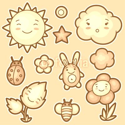Set of kawaii doodles with different facial expressions. Spring collection cheerful cartoon characters sun, cloud, flower, leaf, beetles and decorative objects