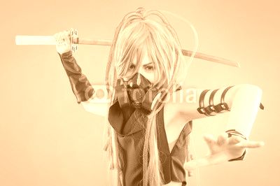Female fantasy warrior / Female warrior with sword and gas mask isolated on the gray background