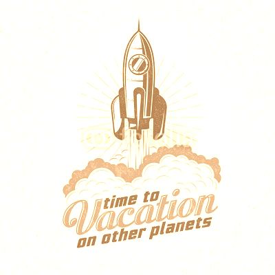 Vacation retro logo, poster with flying up rocket. Start spaceship. Retro texture on a separate layer.